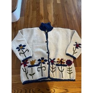Vintage Planet Earth Imports Women's Cardigan Sweater Flowers Wool Bolivia XL